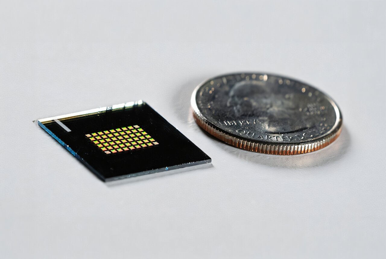 Instead of using a traditional camera lens made of glass or plastic, the optics in the camera rely on layers of 50 metalenses — flat, lightweight optical components that use microscopic nanostructures to manipulate light. These metalenses fit into a compact, optical computing chip, shown here. Courtesy of Ilya Chugunov/Princeton University.